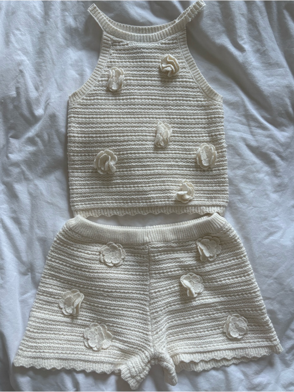 Cream Knit Flower Tank + Shorts Set